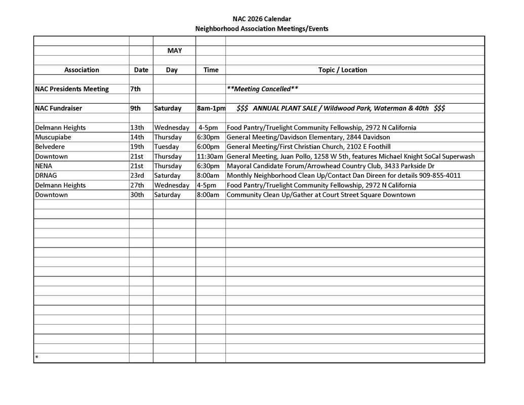 NAC San Bernardino calendar for May 2026