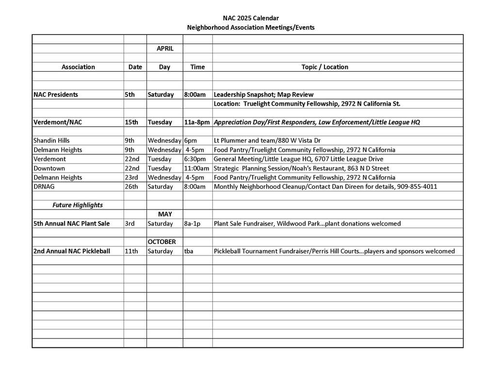 NAC San Bernardino calendar for April 2025