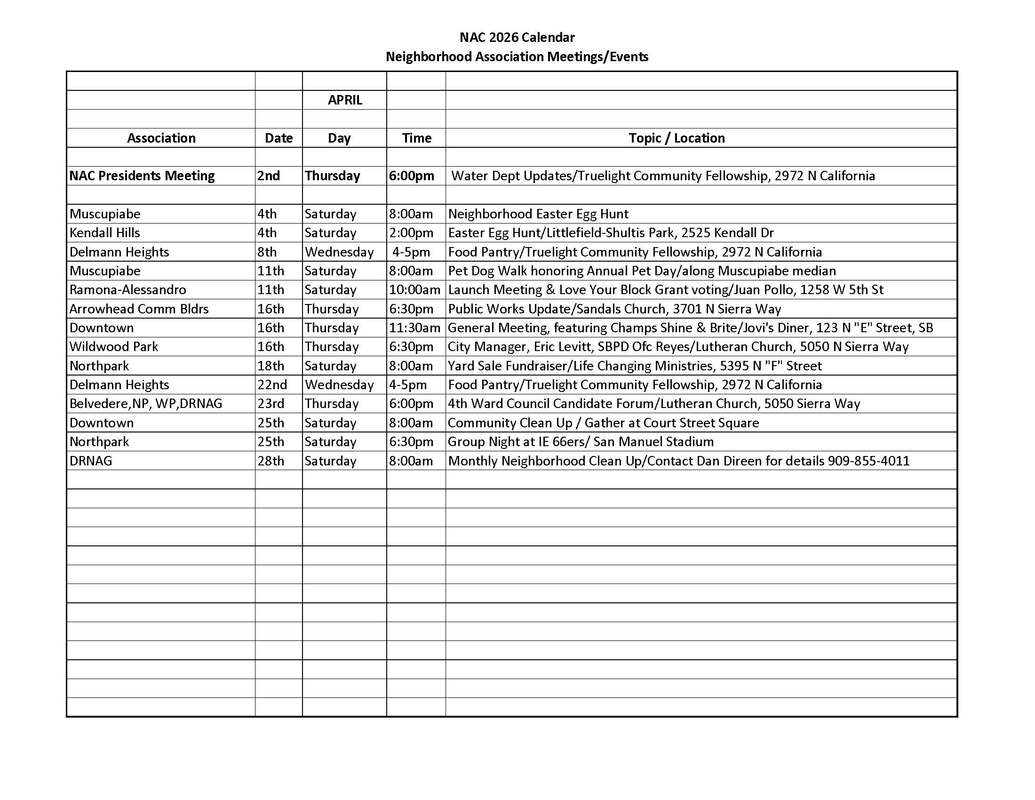 NAC San Bernardino calendar for April 2026