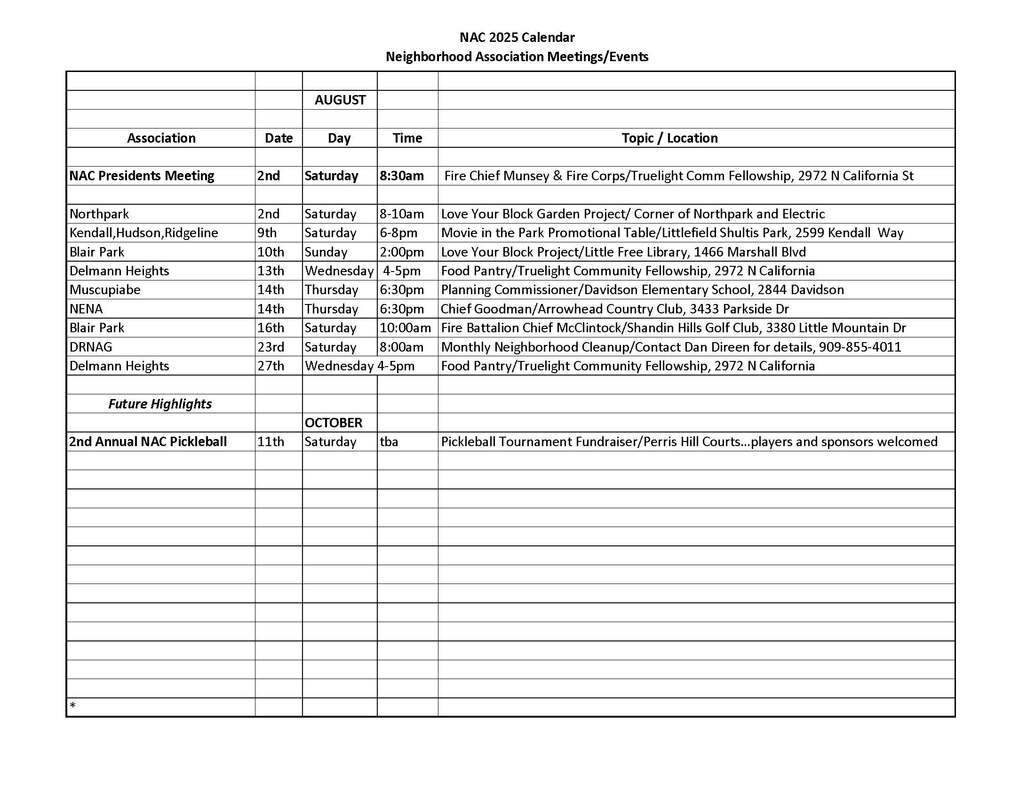 NAC San Bernardino calendar for August 2025