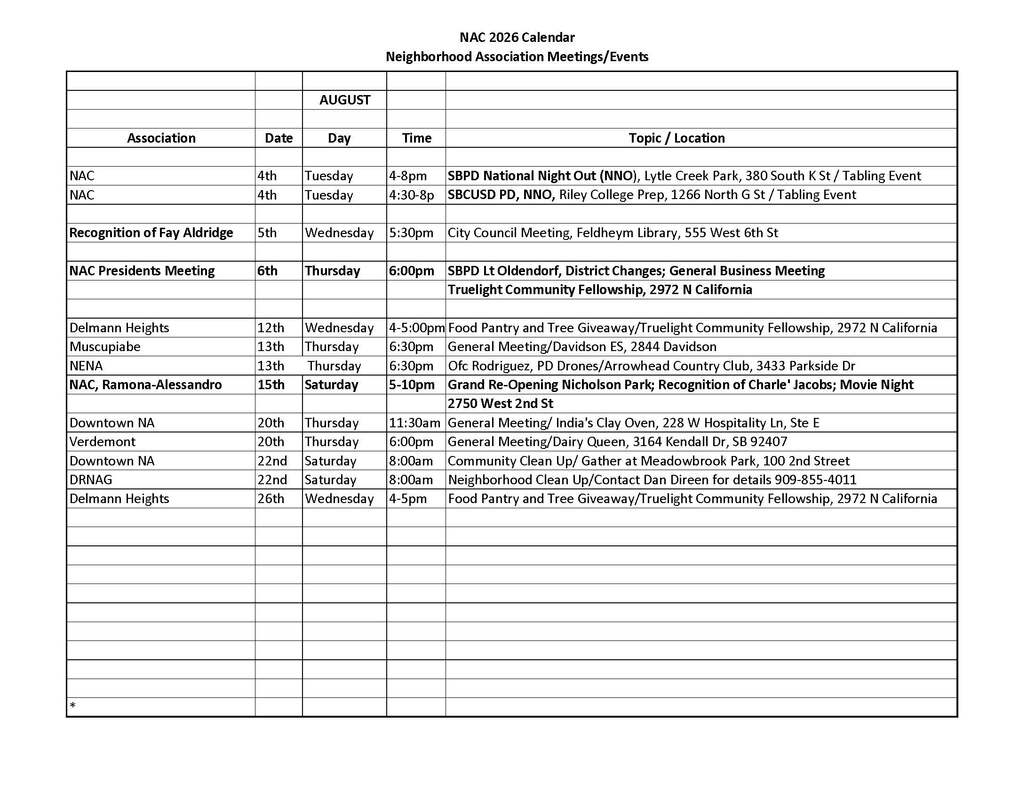 NAC San Bernardino calendar for August 2026