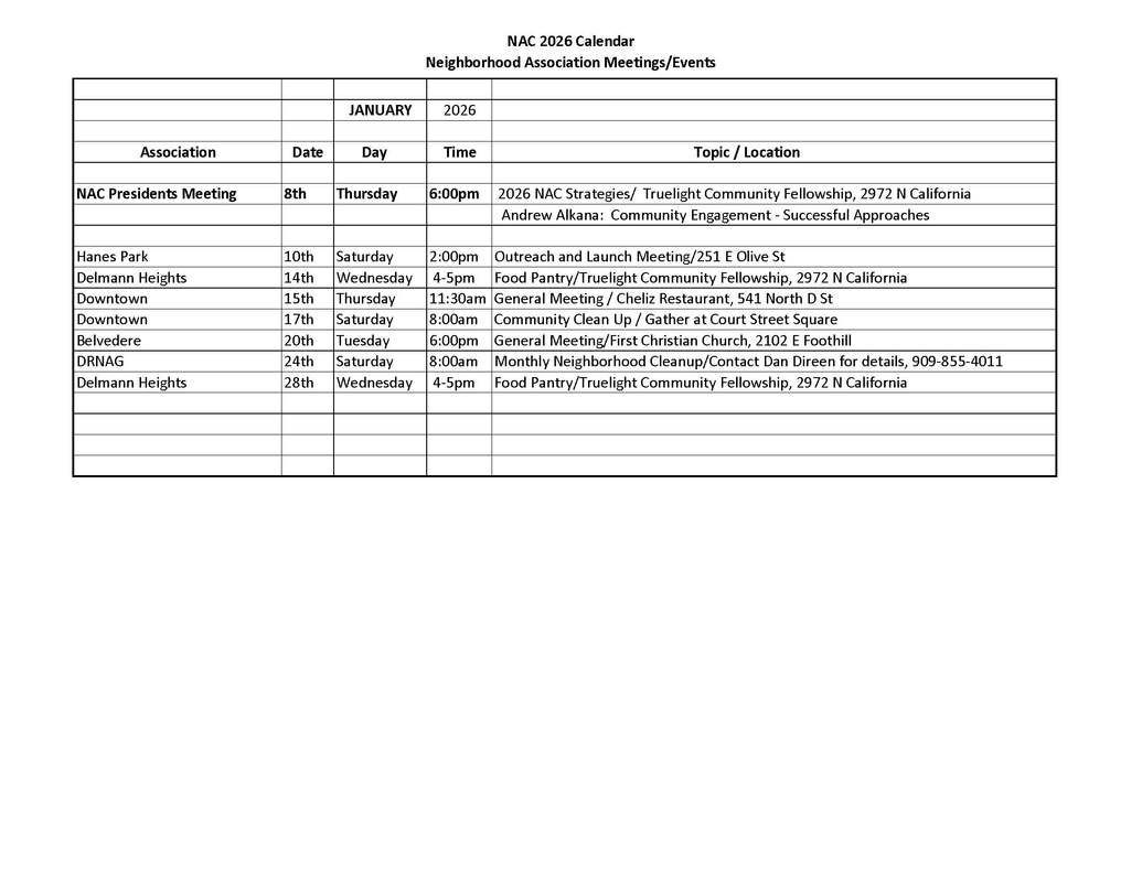 NAC San Bernardino calendar for January 2026