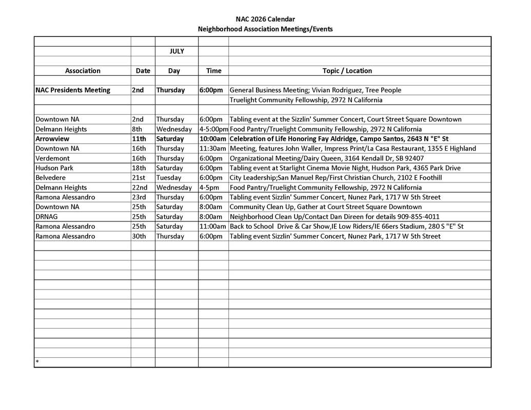 NAC San Bernardino calendar for July 2026