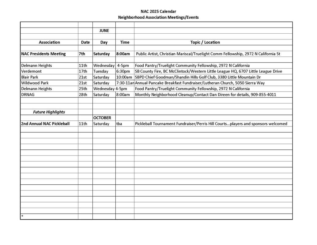 NAC San Bernardino calendar for June 2025