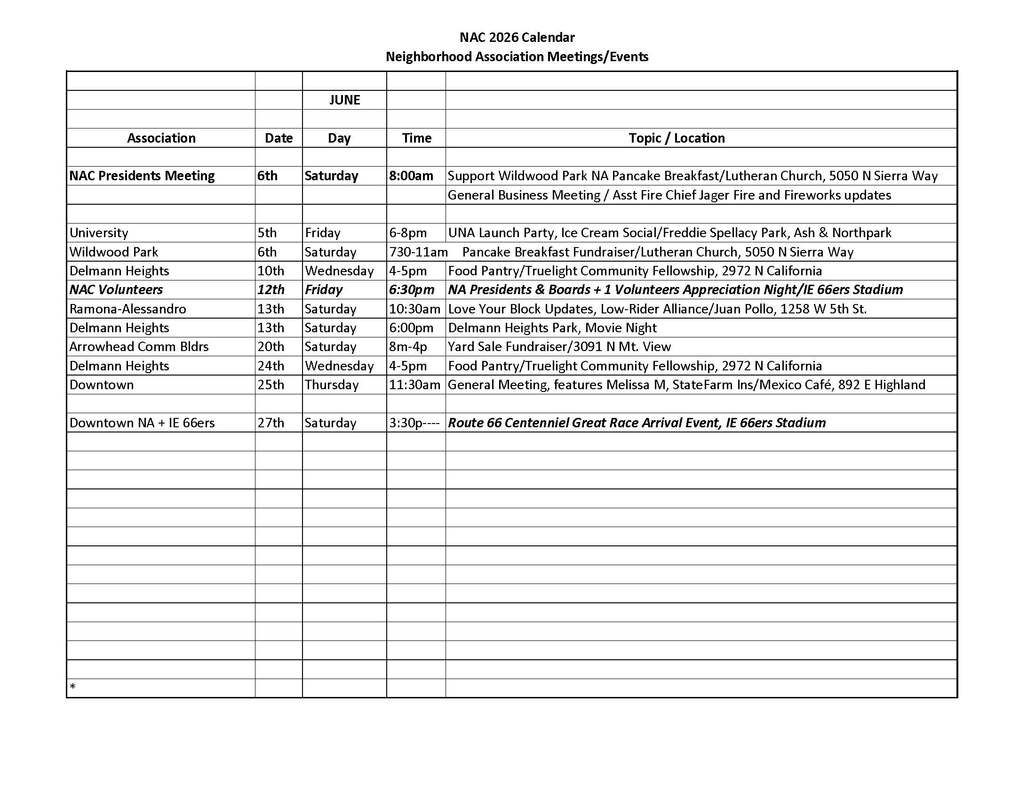 NAC San Bernardino calendar for June 2026