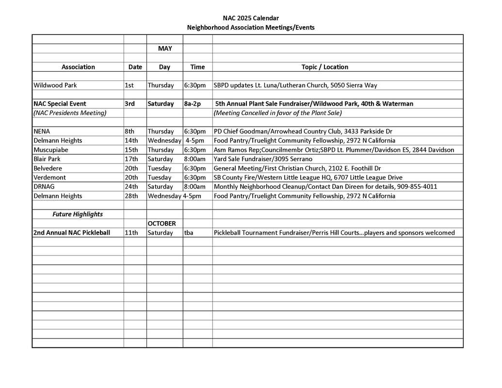 NAC San Bernardino calendar for May 2025
