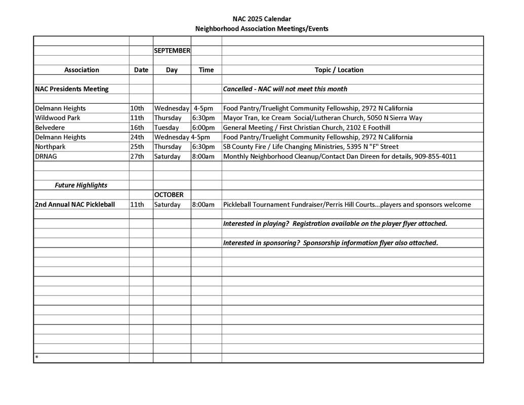 NAC San Bernardino calendar for September 2025