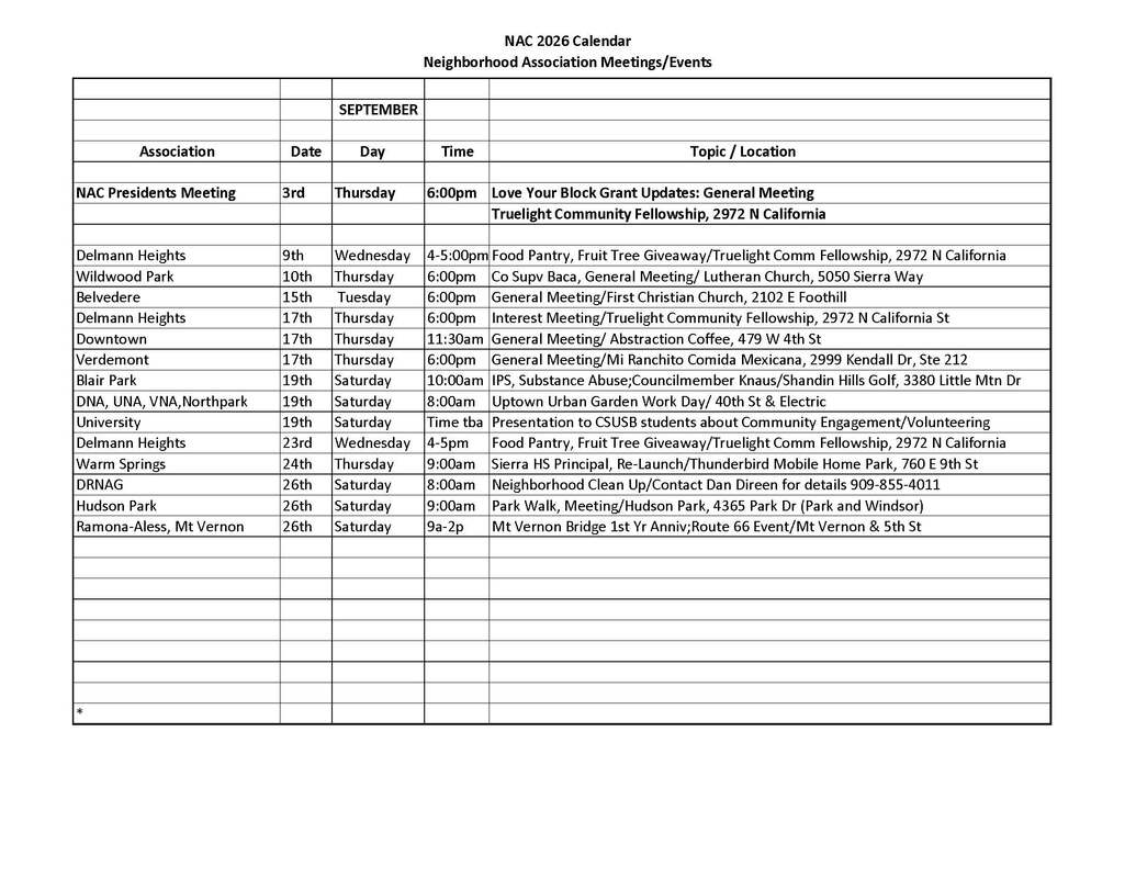 NAC San Bernardino calendar for September 2026