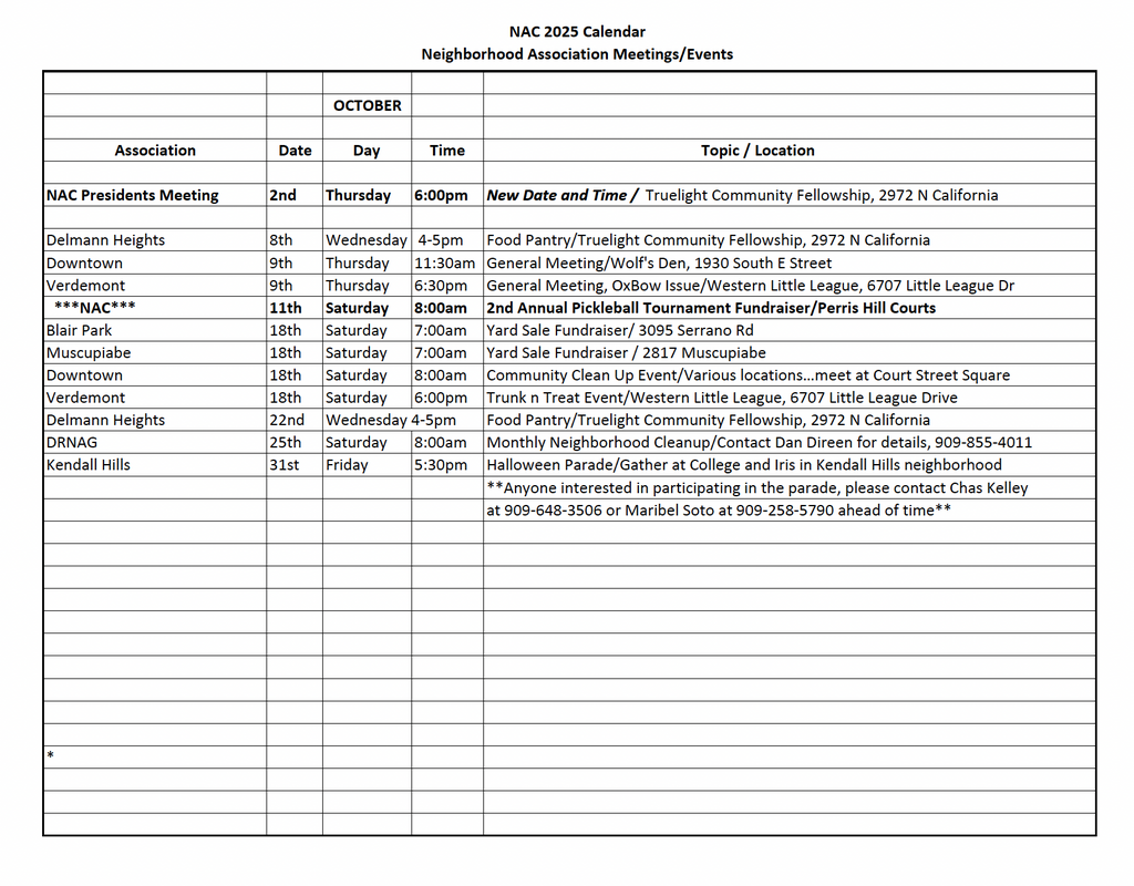 NAC San Bernardino calendar for October 2025