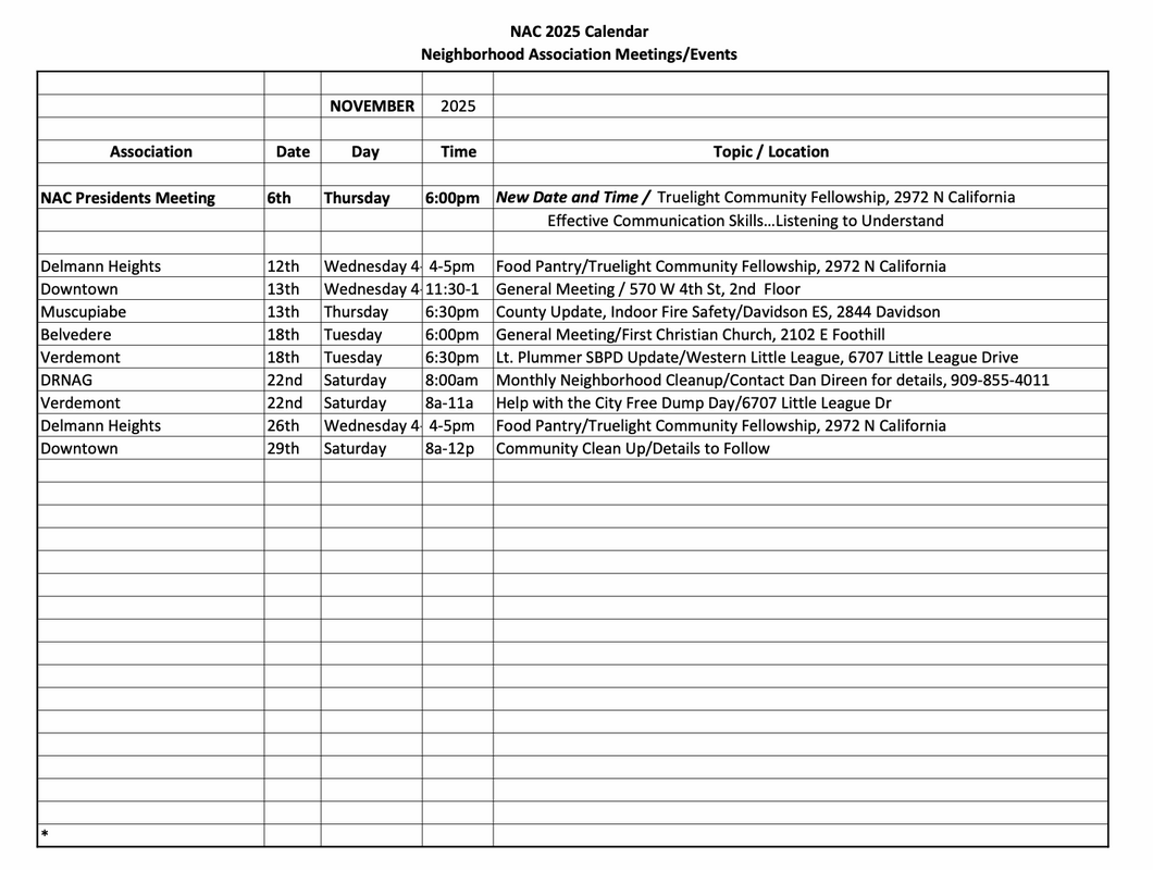 NAC San Bernardino calendar for November 2025