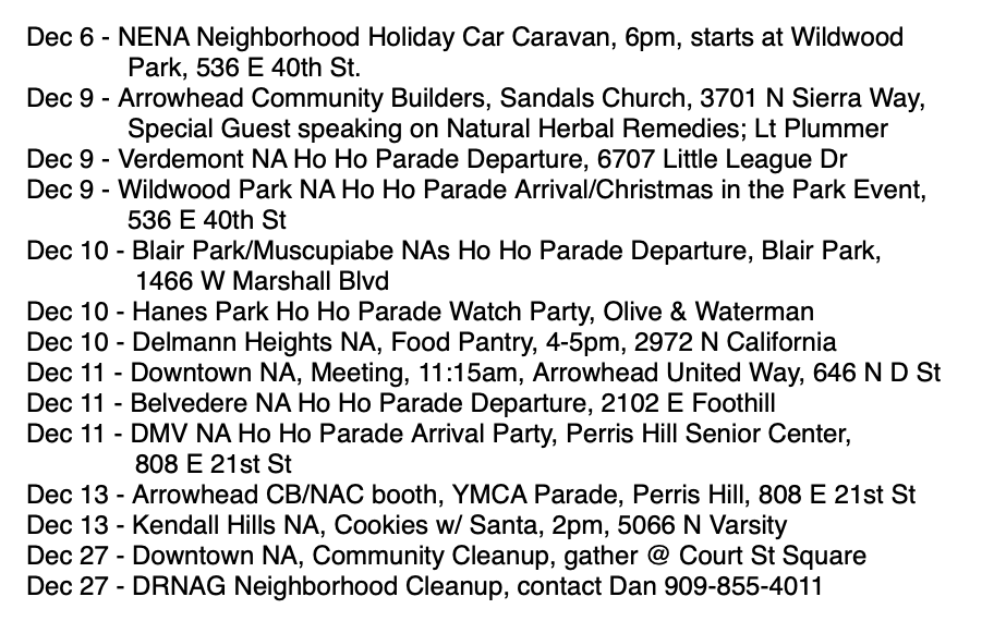NAC San Bernardino calendar for December 2025