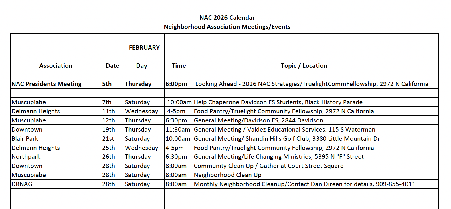 NAC San Bernardino calendar for February 2026