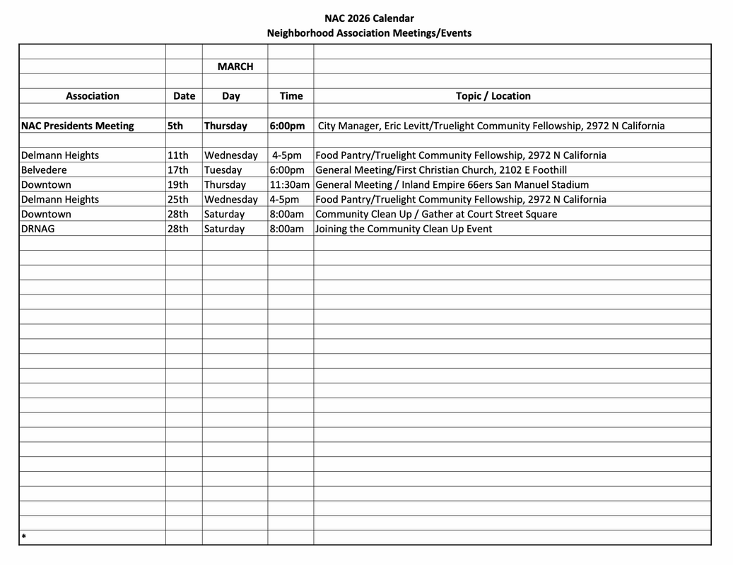 NAC San Bernardino calendar for March 2026